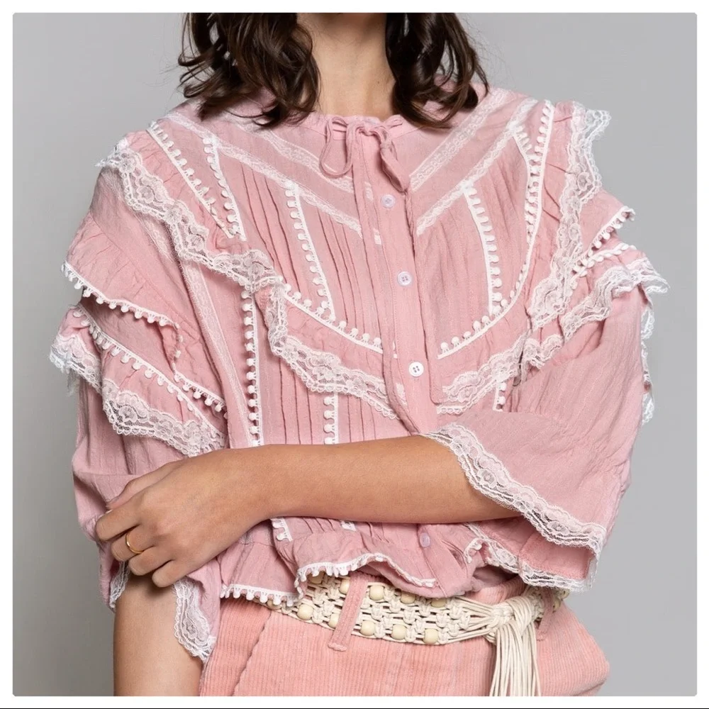 POL Malta Ruffles Pink Boxy Woven Lace Top - Picture 6 of 11
